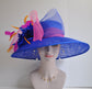 Church Kentucky Derby HatCarriage Tea Party Wedding Wide Brim  Royal Ascot Hat in Solid Sinamay Hat Royal Blue w Hot Pink and Orange