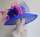 Church Kentucky Derby HatCarriage Tea Party Wedding Wide Brim  Royal Ascot Hat in Solid Sinamay Hat Royal Blue w Hot Pink and Orange