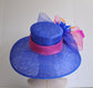 Church Kentucky Derby HatCarriage Tea Party Wedding Wide Brim  Royal Ascot Hat in Solid Sinamay Hat Royal Blue w Hot Pink and Orange