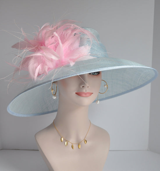 Church Kentucky Derby Hat  Carriage Tea Party Wedding Wide Brim  Hat in Solid Sinamay Hat Powder Blue w Pink Feather Flowers