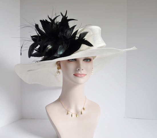 off White/ Ivory w Black Feather Flower Kentucky Derby Hat, Church Hat, Wedding Hat, Easter Hat,  Wide Brim  Sinamay  Hat