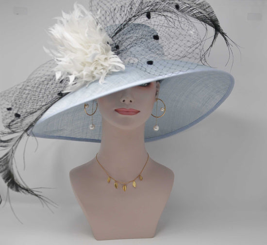 Church Kentucky Derby Hat  Carriage Tea Party Wedding Wide Brim  Royal Ascot Hat in Solid Sinamay Hat Powder Blue w White Feather