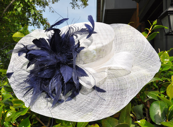 White w Navy Blue Feathers Kentucky Derby Hat, Church Hat, Wedding Hat, Easter Hat, Tea Party Hat Wide Brim  Sinamay  Hat