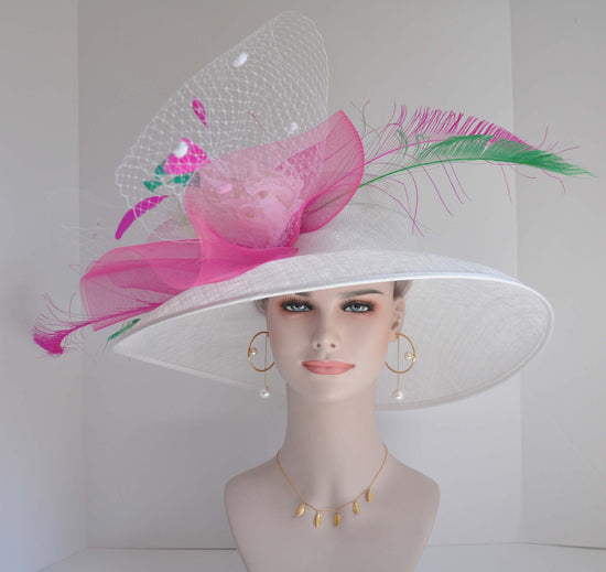 Church Kentucky Derby Hat   Tea Party Wedding Wide Brim  Royal Ascot Hat in Solid Sinamay Hat White and  Hot Pink w Green