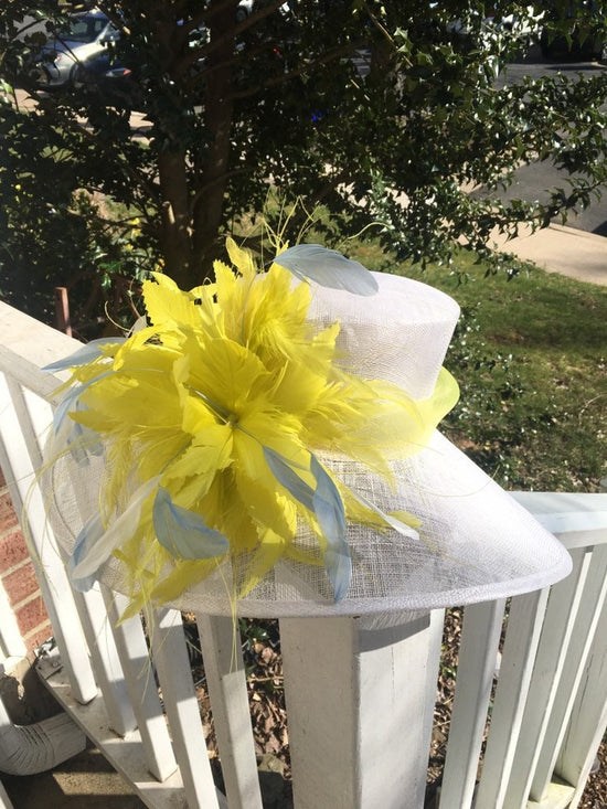 Church Kentucky Derby Hat Carriage  Tea Party Wedding Wide Brim  Royal Ascot Horse Race Oaks day hatWhite with Yellow Powder Blue