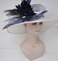 Church Kentucky Derby Hat  Carriage Tea Party Wedding  White with Navy Blue Peacock Feathers