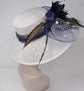 Church Kentucky Derby Hat  Carriage Tea Party Wedding  White with Navy Blue Peacock Feathers