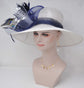 Church Kentucky Derby Hat  Carriage Tea Party Wedding  White with Navy Blue Peacock Feathers