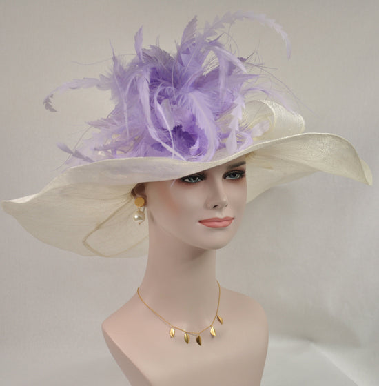 Off White /Ivory w lavender Feather Flower Kentucky Derby Church Hat, Wedding Hat, Easter Hat, Tea Party Hat