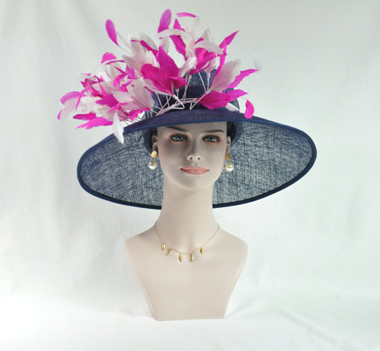 Navy Blue  w Hot Pink and White   Feather Flowers  Kentucky Derby,Tea Party Carriage Party  Royal AscotWide Brim  Sinamay Hat