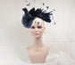 Navy Blue  Silk Flower with Goose and Rooster Feather Flowers Fascinator Hat  Made On A Same Color Headband