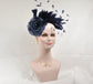 Navy Blue  Silk Flower with Goose and Rooster Feather Flowers Fascinator Hat  Made On A Same Color Headband