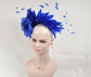 Royal  Blue  Silk Flower with Goose and Rooster Feather Flowers Fascinator Hat  Made On A Same Color Headband