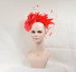 Red Silk Flower with Goose and Rooster Feather Flowers Fascinator Hat  Made On A Same Color Headband