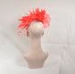 Coral Pink  Silk Flower with Goose and Rooster Feather Flowers Fascinator Hat  Made On A Same Color Headband