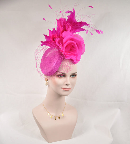 Hot Pink Sinamay w Jumbo Silk Flower Goose and Rooster Feather Flowers Fascinator Hat  Made On A Same Color Headband