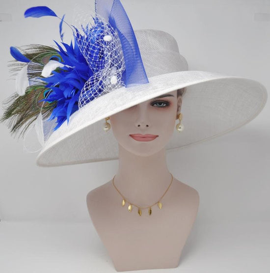 Church Kentucky Derby HatCarriage Tea Party Wedding Wide Brim  Royal Ascot Hat in Solid Sinamay Hat White w Royal Blue