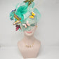 Kentucky Derby Wedding Feather w Butterflies  Floral Organza w Sinamay Headband Fascinator Hat Cocktail Turquoise w Ivory