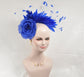 Royal  Blue  Silk Flower with Goose and Rooster Feather Flowers Fascinator Hat  Made On A Same Color Headband