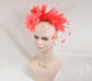 Coral Pink  Silk Flower with Goose and Rooster Feather Flowers Fascinator Hat  Made On A Same Color Headband