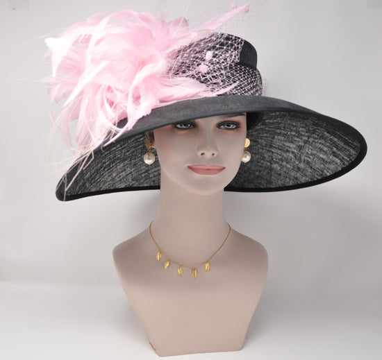 Church Kentucky Derby HatCarriage Tea Party Wedding Wide Brim  Royal Sinamay Hat Black w PinK Feather Flowers and Netting