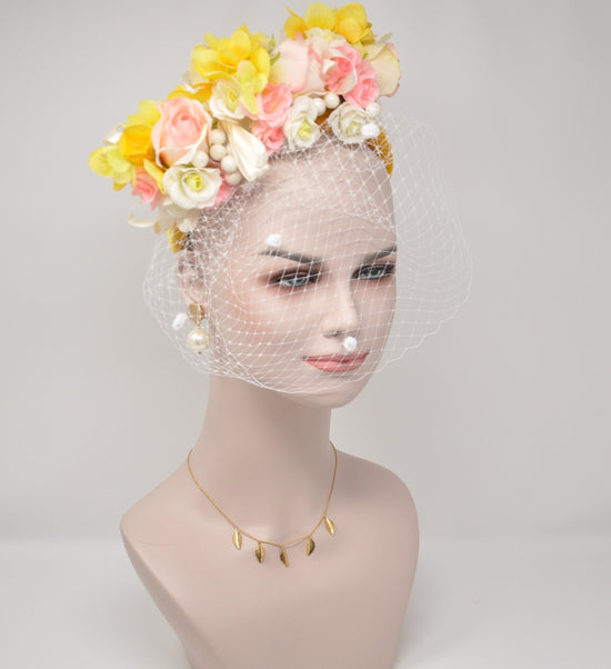 Kate  Style,Flower Rose Crown, Yellow w Ivory  Derby Hats Women w Yellow Headband and White Netting