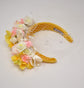 Kate  Style,Flower Rose Crown, Yellow w Ivory  Derby Hats Women w Yellow Headband and White Netting