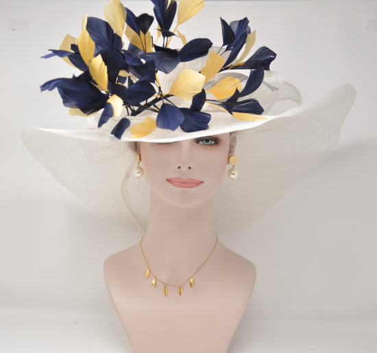 White w Navy Blue Gold  Feather Flower Kentucky Derby Hat, Church Hat, Wedding Hat, Easter Hat, Tea Party Hat Wide Brim  Sinamay  Hat