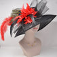 Black w Red  Feather Flowers  Peacock Feathers  Kentucky Derby,Tea Party Carriage Party  Royal AscotWide Brim  Sinamay Hat