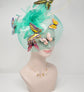 Kentucky Derby Wedding Feather w Butterflies  Floral Organza w Sinamay Headband Fascinator Hat Cocktail Turquoise w Ivory