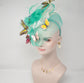 Kentucky Derby Wedding Feather w Butterflies  Floral Organza w Sinamay Headband Fascinator Hat Cocktail Turquoise w Ivory