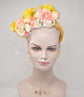 Kate  Style,Flower Rose Crown, Yellow w Ivory  Derby Hats Women w Yellow Headband and White Netting