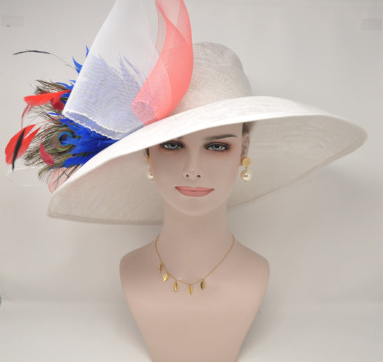 Church Kentucky Derby HatCarriage Tea Party Wedding Wide Brim  Royal Ascot Hat in Solid Sinamay Hat White w Coral Pink