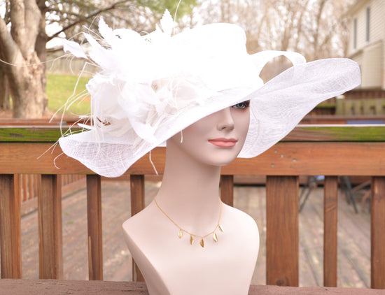 White w Feather Flower Kentucky Derby Hat, Church Hat, Wedding Hat, Easter Hat, Tea Party Hat Wide Brim  Sinamay  Hat