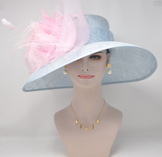 Church Kentucky Derby Hat  Carriage Tea Party Wedding Wide Brim  Royal Ascot Hat in Solid Sinamay Hat Powder Blue w Pink Feather