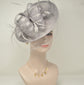 Sinamay Disc Fascinator Hat with Feathers and Netting  Gray  Lovely Sophisticated For derby Race Church Dress Cocktail