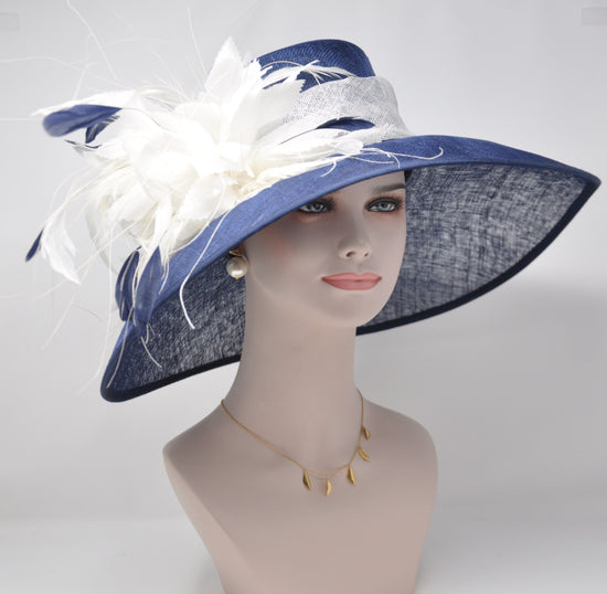 Navy Blue with White Feather Flowers  Kentucky Derby Hat ,Tea Party Carriage Party  Royal AscotWide Brim  Sinamay Hat