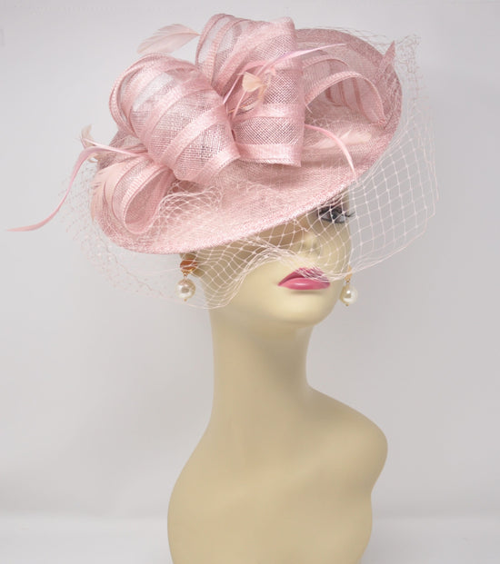 Sinamay Disc Fascinator with Feathers and Netting Blush Pink/Dusty Pink  Lovely Sophisticated For Kentucky Derby Hat Church Dress Cocktail