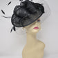 Sinamay  Disc Fascinator Hat with Feathers and Netting Black Lovely Sophisticated For derby Race Church Dress Cocktail