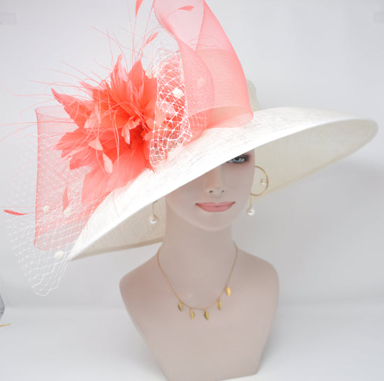 Ivory with  Coral Pink Feather Flowers  and Crin Kentucky Derby,Tea Party Carriage Party  Royal AscotWide Brim  Sinamay Hat