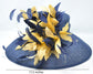 Navy Blue  w Gold  Feather Flowers  Kentucky Derby,Tea Party Carriage Party  Royal AscotWide Brim  Sinamay Hat