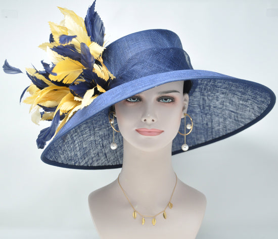 Navy Blue  w Gold  Feather Flowers  Kentucky Derby,Tea Party Carriage Party  Royal AscotWide Brim  Sinamay Hat