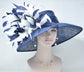 Navy Blue  w  White   Feather Flowers  Kentucky Derby,Tea Party Carriage Party  Royal AscotWide Brim  Sinamay Hat