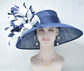 Navy Blue  w  White   Feather Flowers  Kentucky Derby,Tea Party Carriage Party  Royal AscotWide Brim  Sinamay Hat