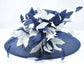 Navy Blue  w  White   Feather Flowers  Kentucky Derby,Tea Party Carriage Party  Royal AscotWide Brim  Sinamay Hat