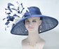 Navy Blue  w  White   Feather Flowers  Kentucky Derby,Tea Party Carriage Party  Royal AscotWide Brim  Sinamay Hat