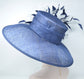 Navy Blue  w  White   Feather Flowers  Kentucky Derby,Tea Party Carriage Party  Royal AscotWide Brim  Sinamay Hat