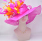 Hot Pink/Fuchsia w Orange  Feather Flower Kentucky Derby Hat, Church Hat, Wedding Hat, Easter Hat, Tea Party Hat Wide Brim  Sinamay  Hat