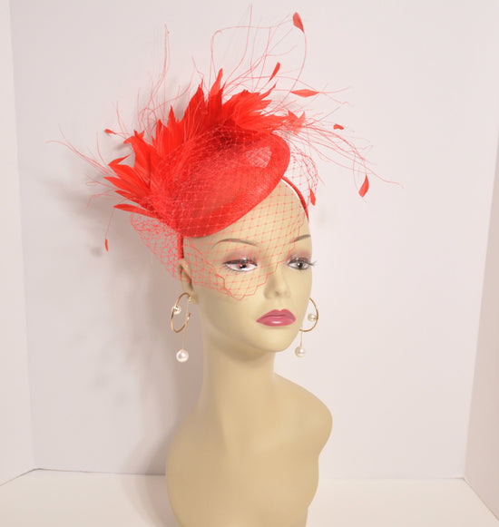 Red  Sinamay w Goose and Rooster Feather Flowers Fascinator Hat  Made On A Same Color Headband Many Colorful Feathers Available