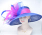 Royal Blue  w Hot Pink Feather Flowers  Peacock Feathers  Kentucky Derby,Tea Party Carriage Party  Royal AscotWide Brim  Sinamay Hat